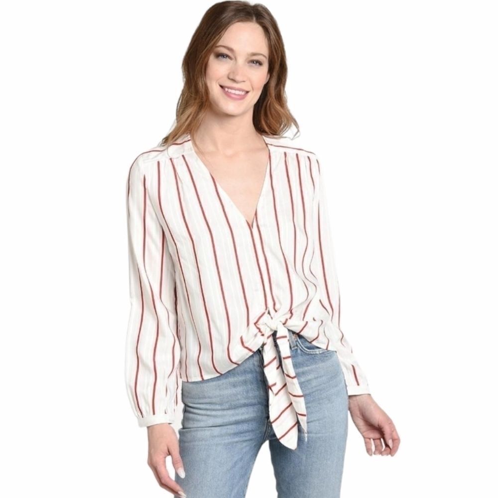 J.O.A Tie Up Front Long Sleeve Stripped Blouse S‎